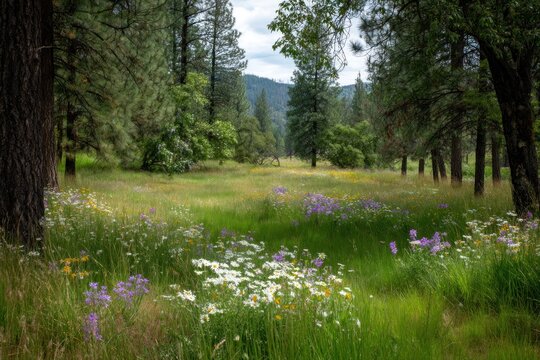 A tranquil nature scene with a variety of wildflowers growing in a meadow surrounded by trees and tall grass The scene evokes the freshness and peacefulness of spring