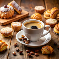 Warm espresso coffee with sweet pastries