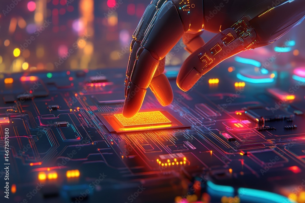 Poster robotic hand interacting with circuit board in futuristic setting
