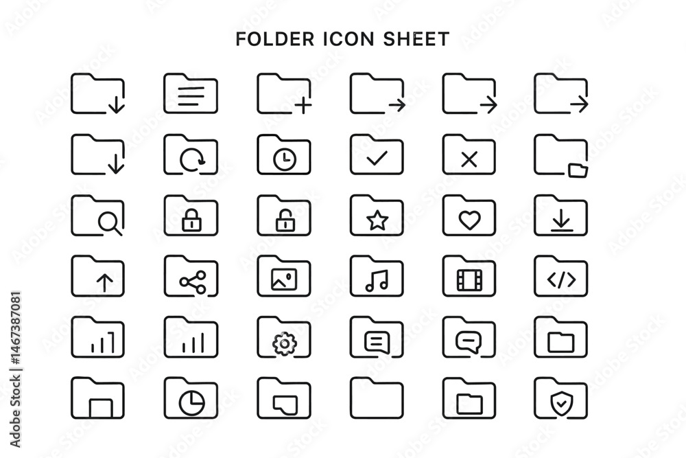 Poster folder icon sheet: a comprehensive collection of diverse folder icons, depicting various actions and