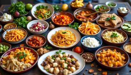 Beautifully arranged table full of delicious and colorful food showcasing diverse cuisine
