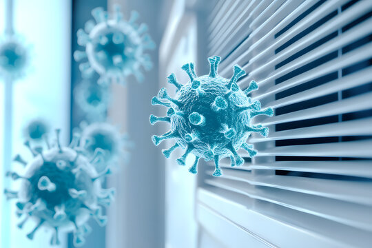 3D virus particles spreading through air conditioning system, health risk concept of airborne transmission, HVAC contamination, infection control, ventilation safety, and air quality

