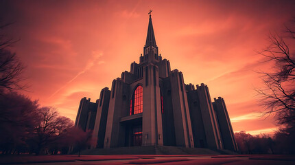 Fototapeta premium A massive brutalist cathedral built of concrete and glass, casting long shadows in the sunset, blending religious solemnity with futuristic geometry. created by generative ai