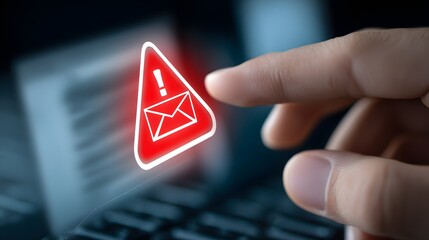 Close up of Hand about to Pressing Warning Sign, Concept of Digital Threat of Phishing Scams and Cyber Security Warnings in the Modern Technological Era of Connectivity