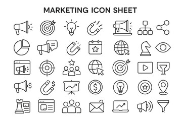 Marketing Icon Sheet: An illustrative collection of marketing icons, perfect for web design, business presentations, and educational materials.