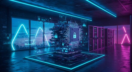 Abstract Futuristic Cybersecurity Data Center with Neon Lights