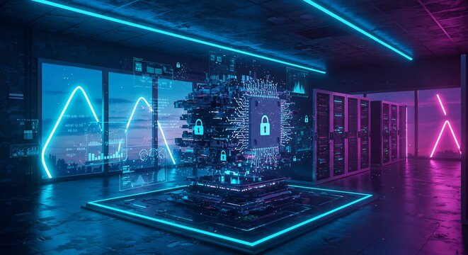 Abstract Futuristic Cybersecurity Data Center with Neon Lights