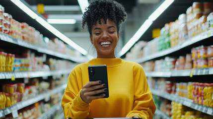 Laughing woman checks shopping list on phone while maneuvering cart through supermarket aisle lined with pasta, sauces, and condiments