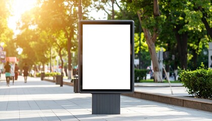 Blank digital billboard stands on a busy city sidewalk with trees and buildings in the background.