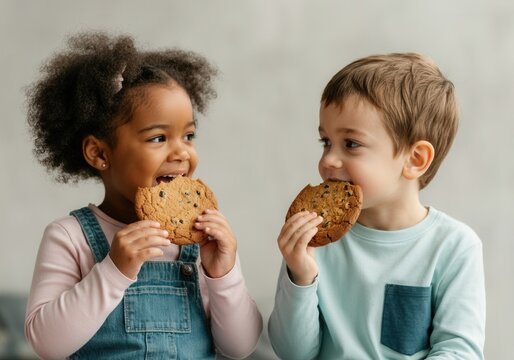 Joyful children enjoying chocolate chip cookies together indoors