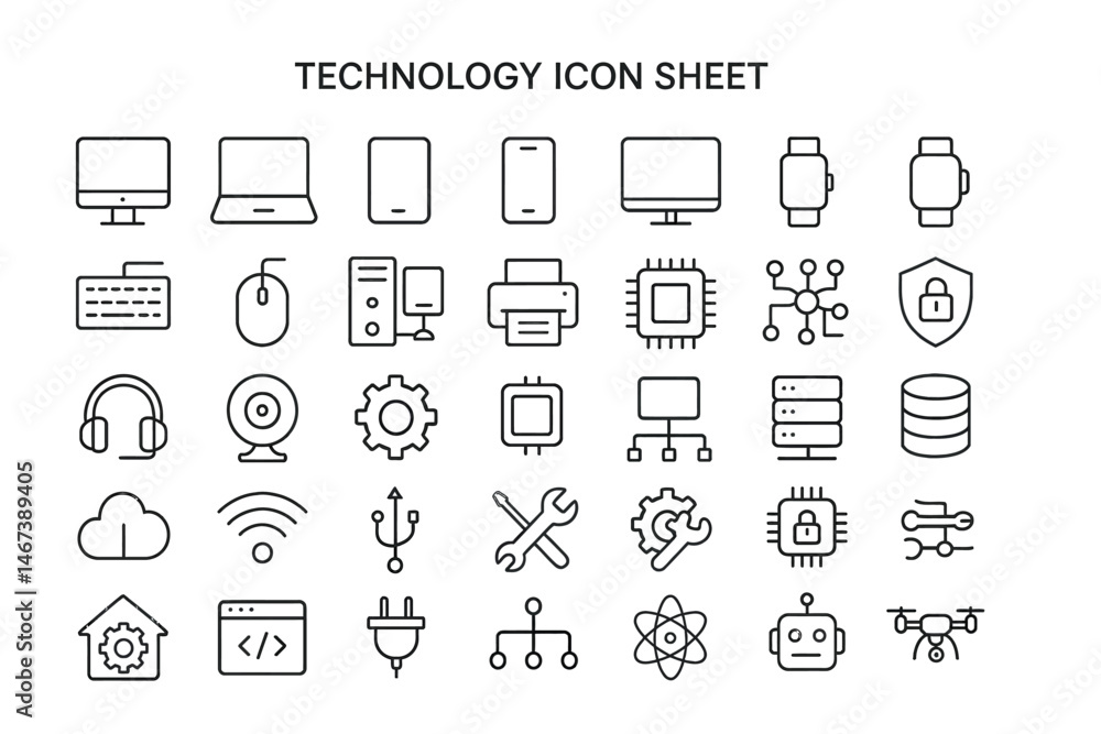 Aufkleber technology icon sheet: a comprehensive collection of minimalist, black-and-white line icons represen