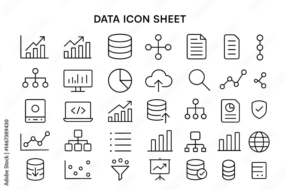 Poster data icon sheet: a clean, organized grid of modern, minimalistic data icons for information technolo