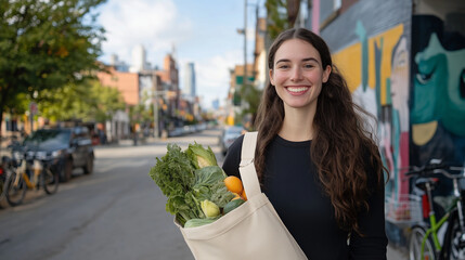Woman smiles with pride holding fresh groceries in canvas bag, standing in front of a local neighborhood bodega, street murals and bikes nearby