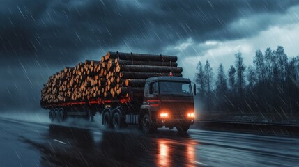 Timber transport vehicle maneuvering through a stormy highway filled with dark clouds and dramatic lighting, loaded with wooden logs heading towards its destination