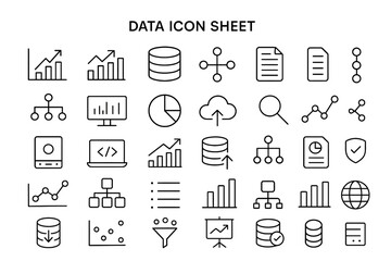 Data Icon Sheet: A clean, organized grid of modern, minimalistic data icons for information technology, showcasing a range of data-related concepts and symbols.