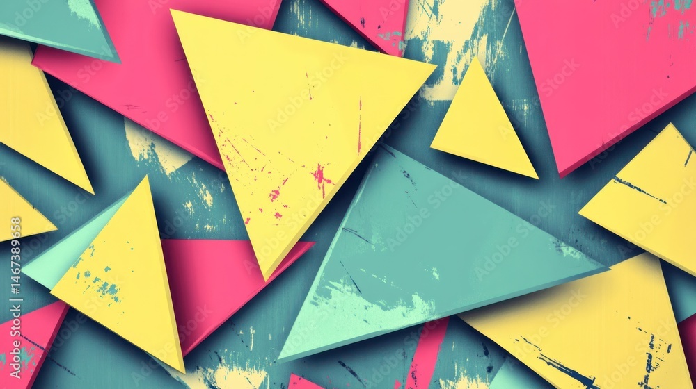 Poster abstract background with overlapping pastel triangles and grunge texture.
