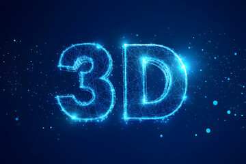 Glowing blue 3D text made of digital network particles on dark background, futuristic tech design representing virtual space, depth, innovation, and modern technology concepts

