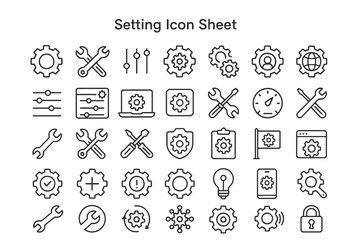 Setting Icon Sheet: A detailed collection of versatile setting icons suitable for various interface designs.