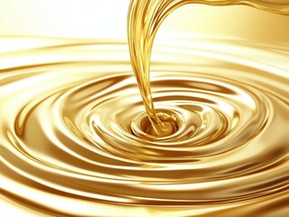 Golden liquid oil is being poured, creating smooth swirling ripples on a reflective surface.