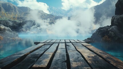 Strolling along the time-worn wooden dock over a steaming geothermal valley filled with vibrant sulfur pools and hot springs, evoking an early earth evolution feel