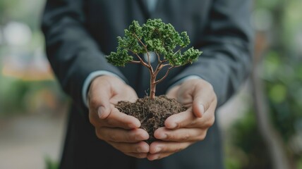 Tree sapling planted on soil have green leaves represent ecology system of life growth in nature convey sense of sustainability way for natural environment beginning to save earth or invest. AIG53.