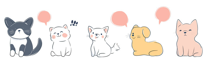 Obraz premium Cute cat and dog characters with speech bubbles and paw prints in minimalist hand drawn doodle style vector illustration for pet communication design