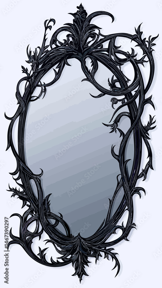 Poster intricate black ornate gothic style oval mirror frame with swirling twisted branches and sharp thorn