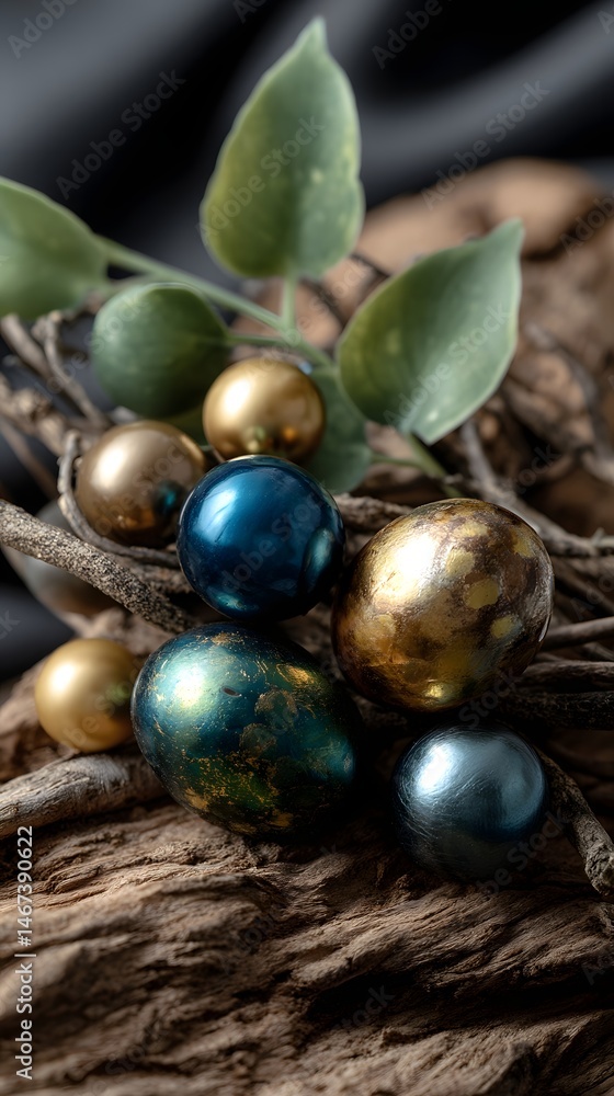 Poster vintage ornaments arranged artistically on a branch creating a colorful springtime display