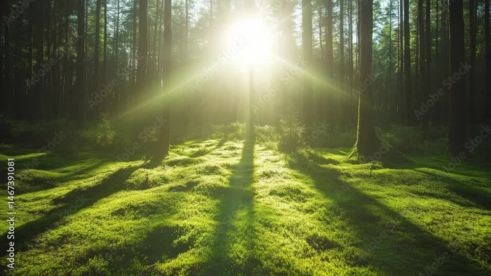 Poster bright sun rays streaming through trees in a magical forest during golden hour, casting a warm glow 