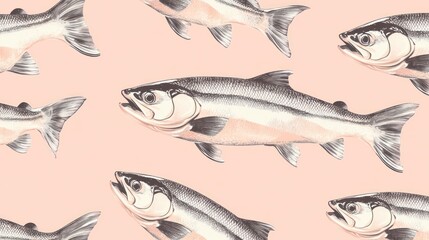 Seamless pattern of salmon fish illustrations on pink background.