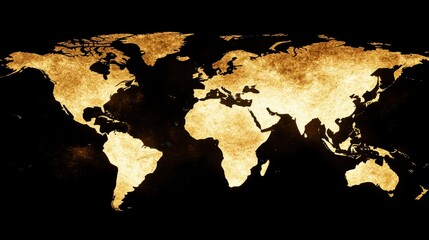 Golden world map against black background evokes exploration themes with abstract continent shapes for artistic geography visuals
