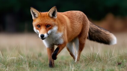Fototapeta premium Fox running across open meadow, captured in stride with background blur and sharp foreground focus, 300mm