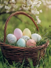 1. A basket of pastel-colored Easter eggs in grass