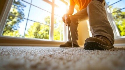 close up of a worker using a power tool to secure glass window frames, the focus on the precise movements of the installer, the sunlight creating glare on the glass surface