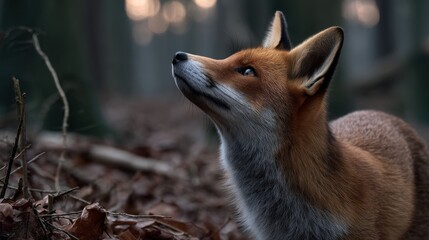 Fototapeta premium Fox sniffing the air at dusk, warm tones and soft bokeh in a wooded environment, 300mm lens