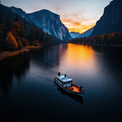 Obraz premium A small boat floats on a tranquil lake surrounded by mountains and forests at sunset, reflecting vibrant orange and blue hues.