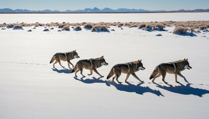 Naklejka premium Coyotes Trotting Across a Snow-Covered Plain