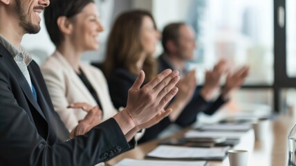 Indoor of meeting room in office for teamwork of business. Conference place to choose idea for management strategy or successful company. Businessman use hand celebrate for success governance. AIG53.