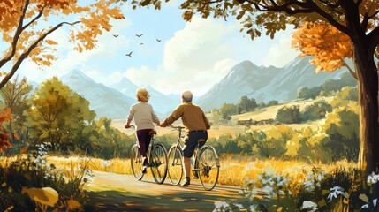 Obraz premium Elderly couple cycling through autumn landscape with mountains