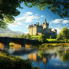 Obraz premium Majestic castle on a hill, surrounded by lush greenery, with a stone bridge over a tranquil river under a bright blue sky.