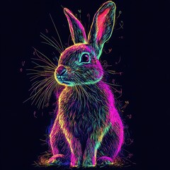 Neon rabbit portrait. Bright colors, black backdrop.  Artistic style