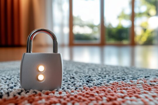 Silver padlock with glowing lights on textured carpet indoors