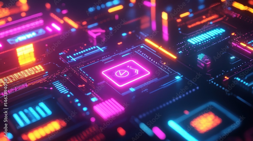 Poster abstract neon glowing circuit board with central processing unit.