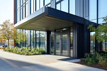 Modern Office Building Entrance with Glass Facade and Landscaping