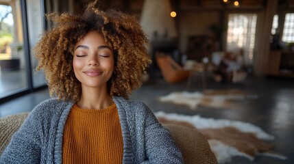 Serene Woman Relaxing Home Interior.