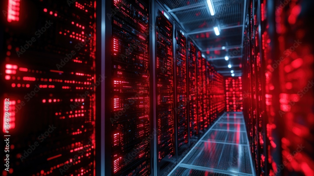 Poster red-lit server room aisle with rows of data center racks.