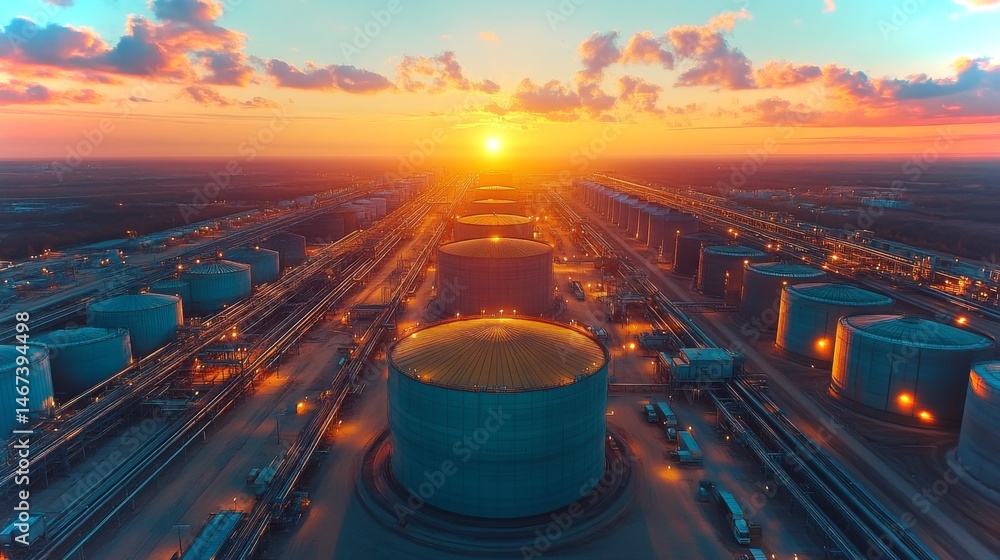 Poster a sprawling petrochemical facility is bathed in golden sunlight as the sun sets. storage tanks and i