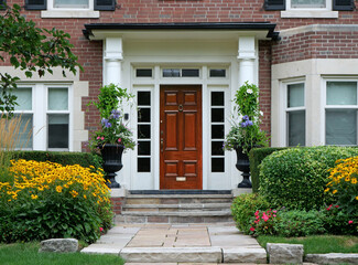 Elegant wood grain front door surrounded by flowers in summer