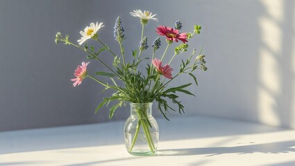 Photorealistic image of a small vase with fresh wildflowers resting on a clean white surface