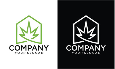 Creative Elegant Minimalist Comfort House Real Estate Logo with leaf